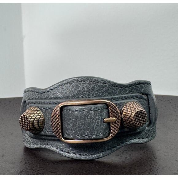 BALENCIAGA Gray Leather Moto Cuff Wide Bracelet Rose Gold Hardware Small S Italy